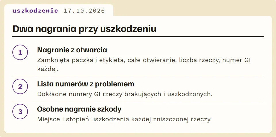 Dwa nagrania przy uszkodzeniu: pełne otwarcie i osobne nagranie szkody