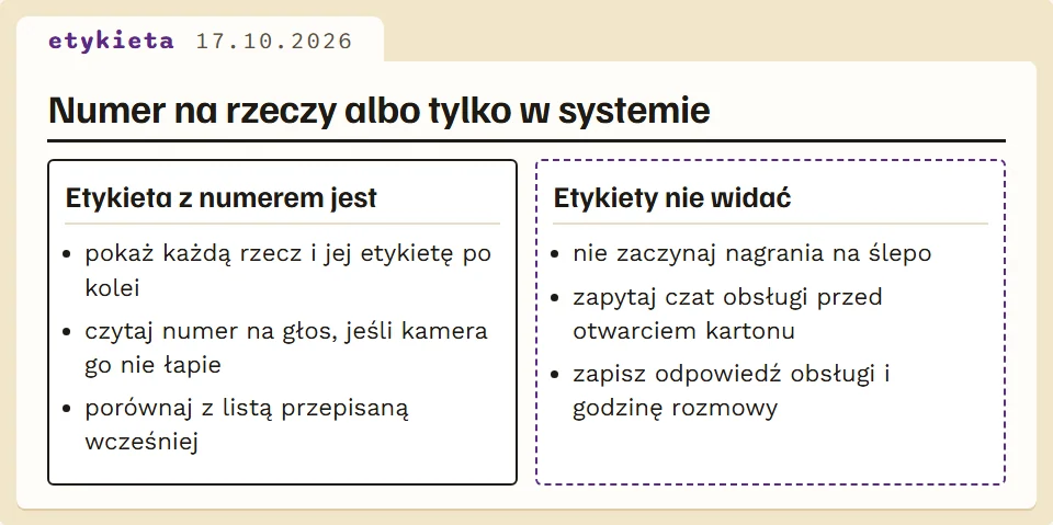 Dwie sytuacje: rzecz z etykietą GI i rzecz bez etykiety, z zalecanym działaniem