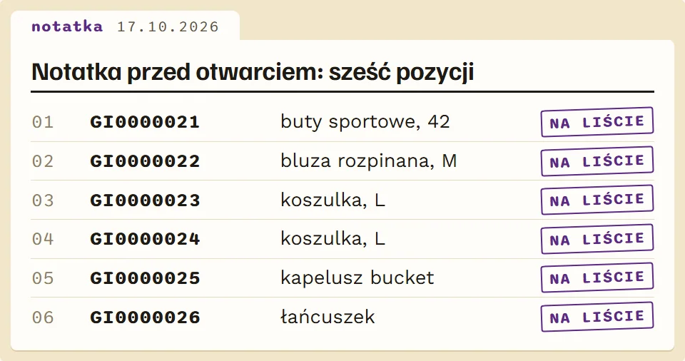 Przykład notatki z numerami GI przepisanymi przed otwarciem paczki