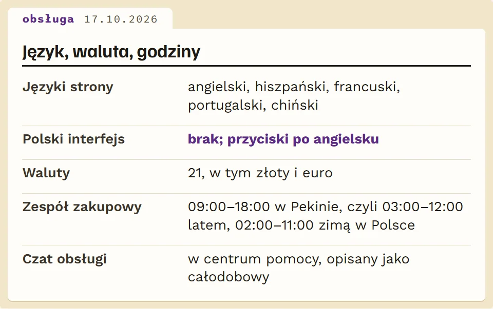 Języki strony iTaoBuy, waluty i godziny obsługi w czasie polskim