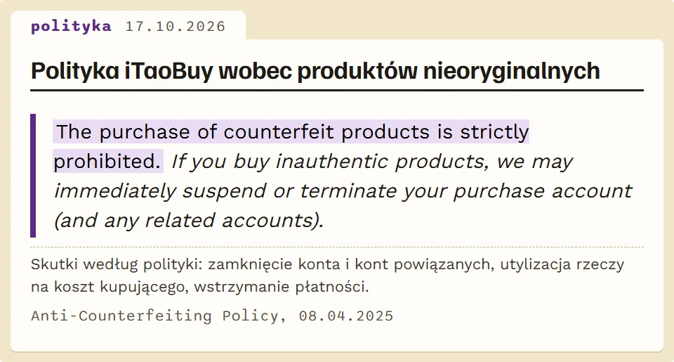 Cytat z polityki iTaoBuy o zakazie kupowania produktów nieoryginalnych
