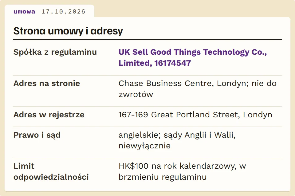 Karta: strona umowy iTaoBuy, adresy, prawo i limit odpowiedzialności