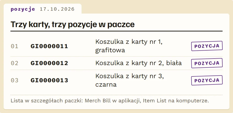 Trzy karty z katalogu zamienione w trzy pozycje GI w jednej paczce