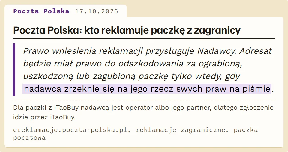 Cytat ze strony reklamacji zagranicznych Poczty Polskiej o prawie nadawcy
