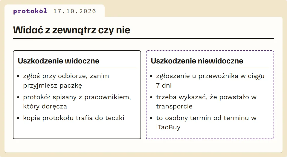 Dwie sytuacje przy odbiorze: uszkodzenie widoczne i niewidoczne z zewnątrz