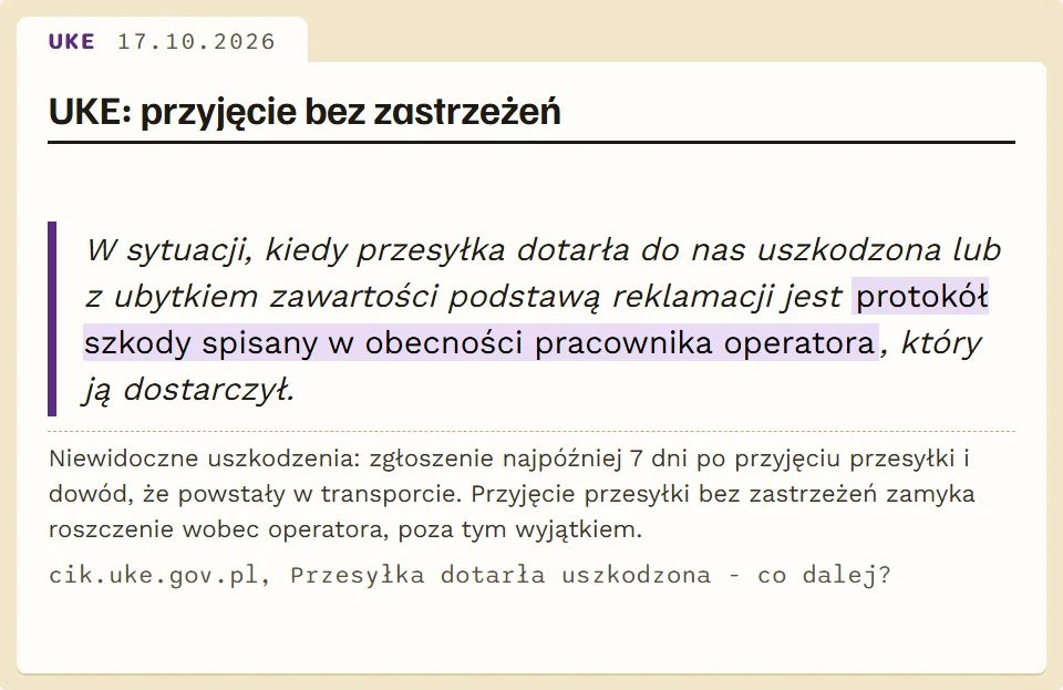 Cytat z Centrum Informacji Konsumenckiej UKE o przyjęciu przesyłki bez zastrzeżeń
