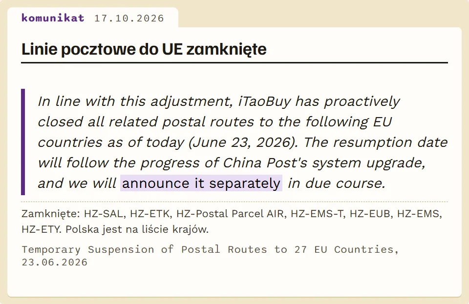 Cytat z komunikatu iTaoBuy z 23 czerwca 2026 o zamknięciu linii pocztowych do UE