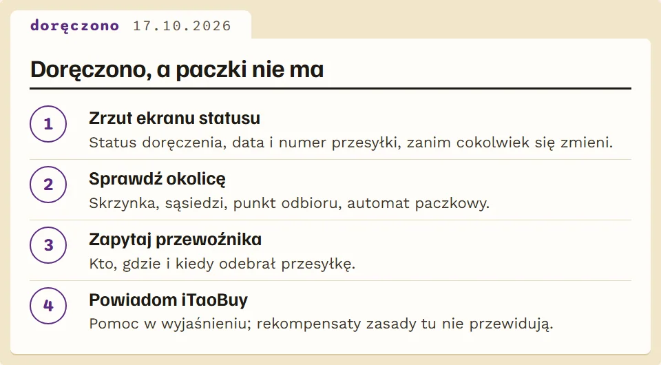 Kroki przy statusie doręczono bez paczki